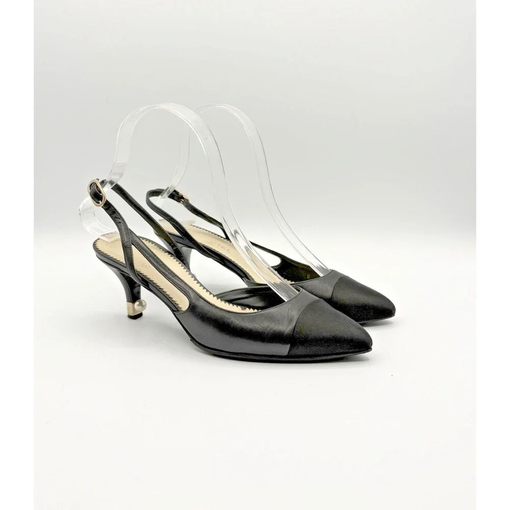 Chanel Black Slingback Heels w/ Pearl Accent Cap Toe Pointed Toe Size EU 36